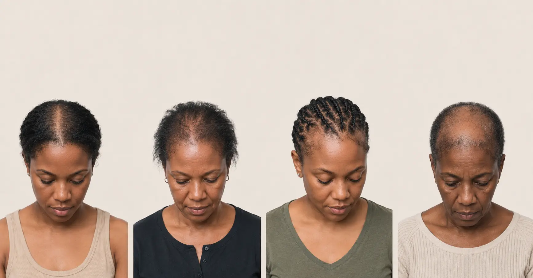 Four examples of female hair thinning and hair loss patterns in Black women