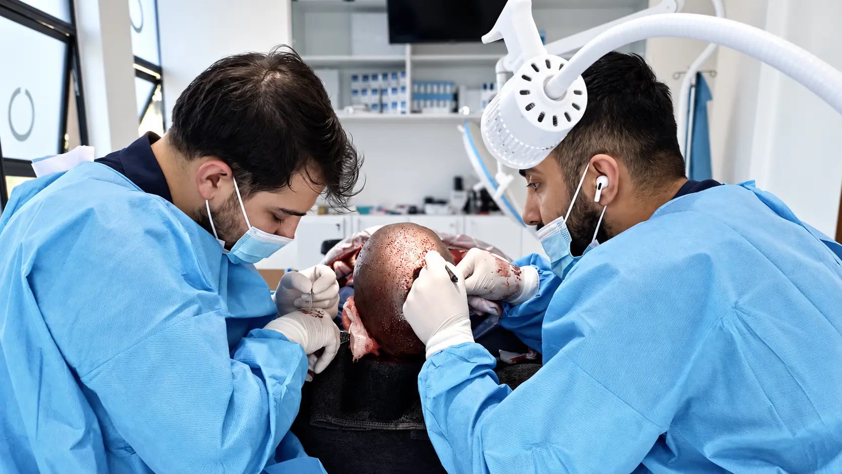 Hair transplant specialists performing a procedure for a patient in Kampala, Uganda