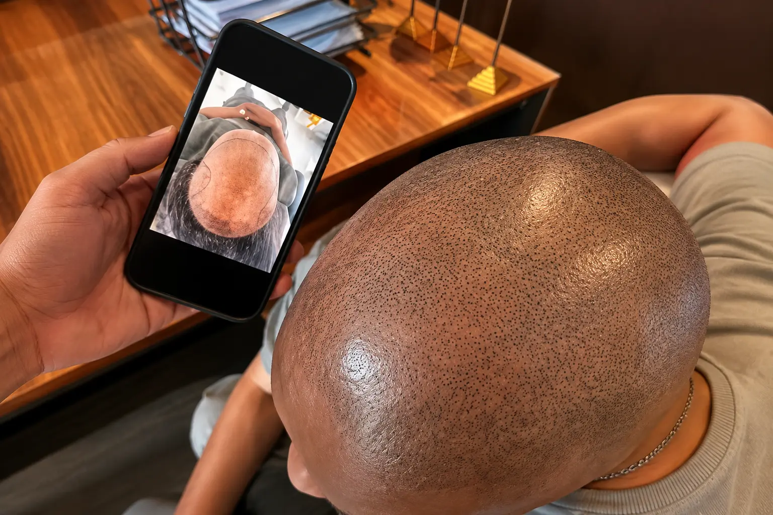 Real scalp micropigmentation result beside the client’s earlier scalp photograph on a phone