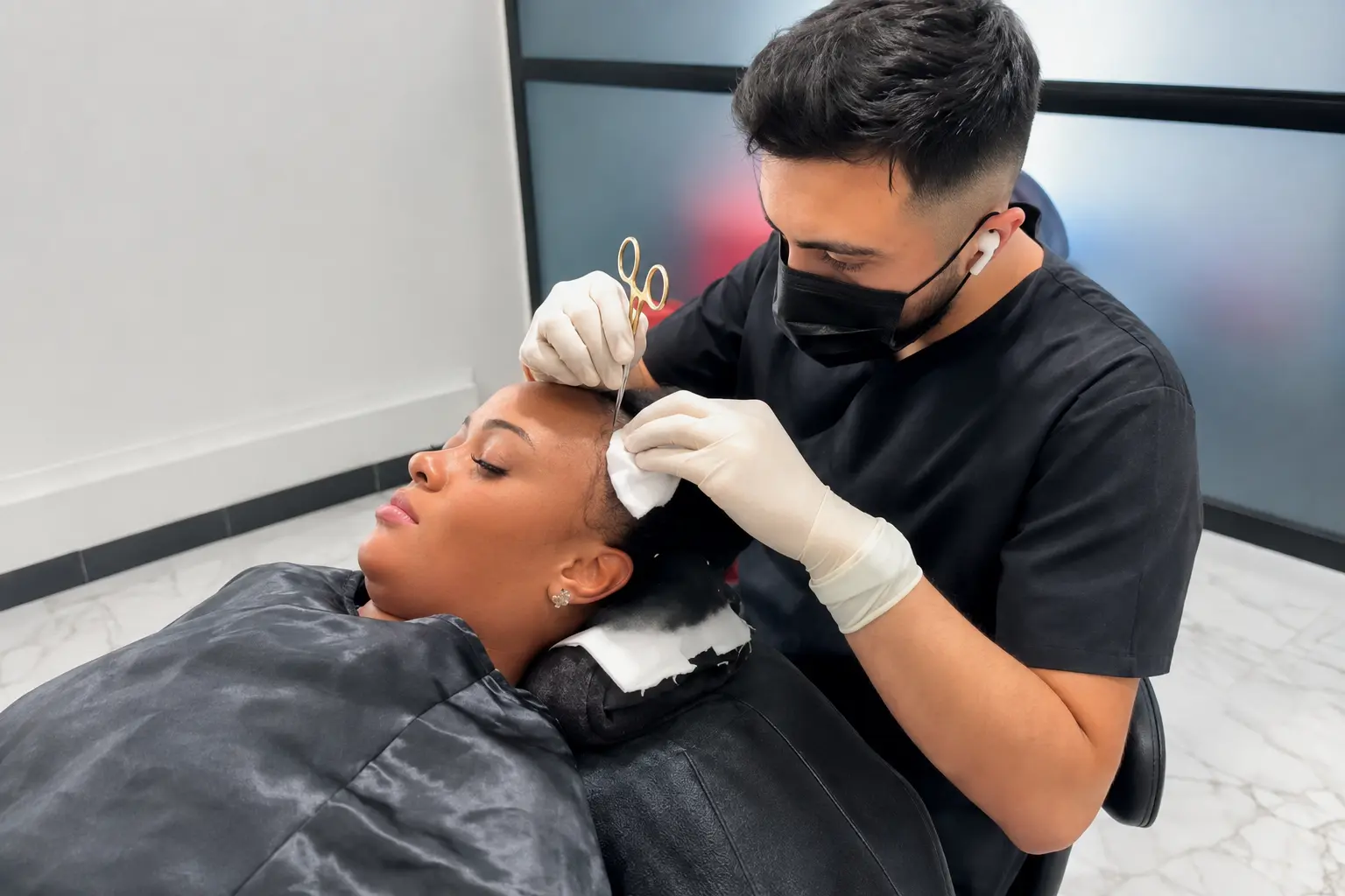 Real female client receiving precise temple and hairline restoration treatment